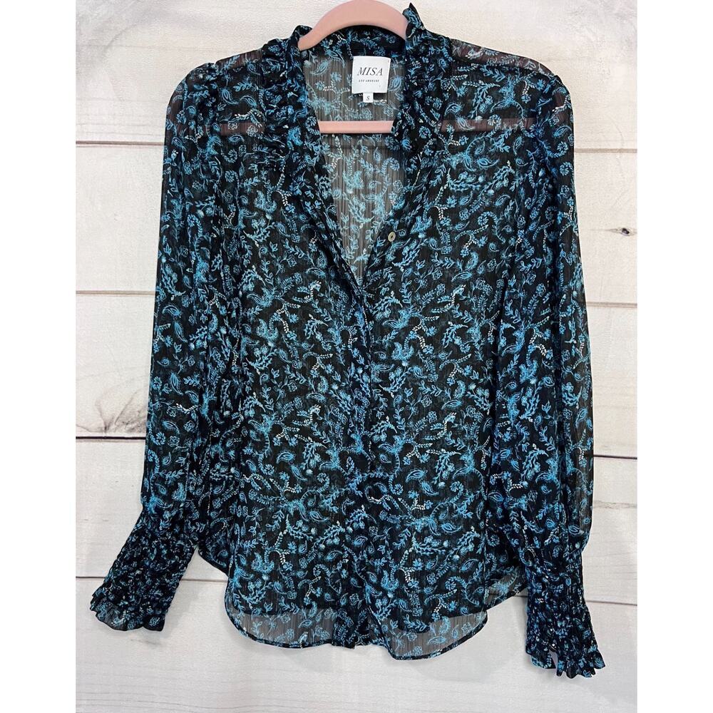 MISA Los Angeles Blouse Size SM Black With Teal Floral‎ Print